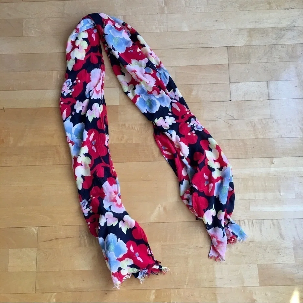 Floral, Lightweight Fringe Scarf, Navy Blue, Light Blue, Red, Pink, Yellow